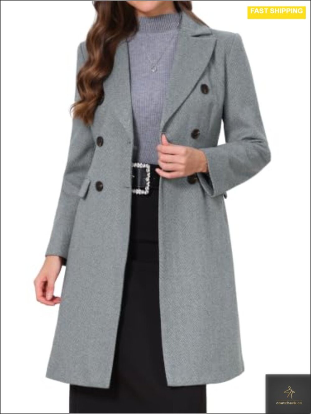 Womens Pea Coat Notch Lapel Double Breasted Wool Blend Winter Overcoat